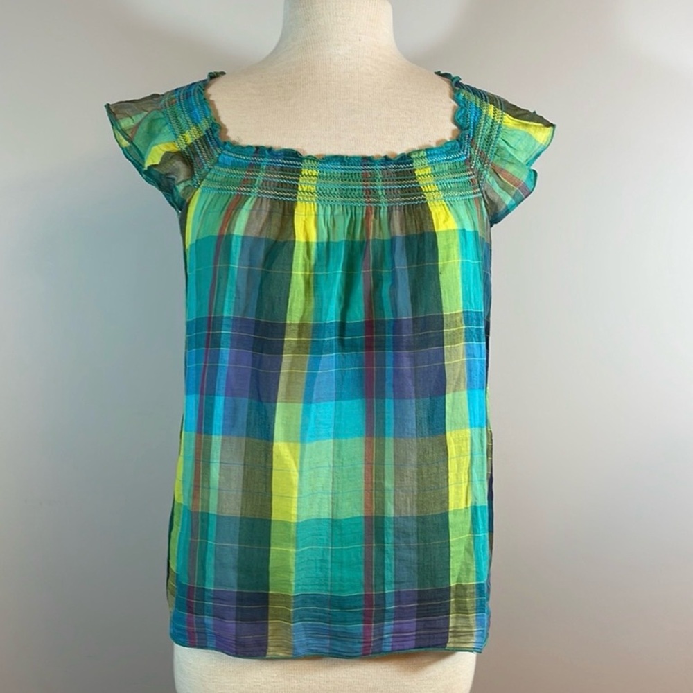 Colorful Plaid Flutter Short Sleeve Top